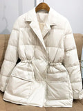 Winter Women White Duck Down Coat Female Notched Collar Double Breasted Coat Casual Lady Drawstring Puffer Outwear