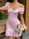 Pbong  Women's Fashion Polka Dot Print Ruffle Trim Bow Tie Dress Pink Polka Dot Dress Picnic Dress For Ladies Doll Dress For