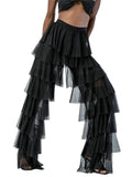 Pbong  Women Wide Leg Pants High Waist Layered Tulle Pants Loose Beach Long Trousers Streetwear