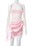 Lace Splice Halter Mini Dress Lace Up Irregular Ruched Sleeeveless Dress Elegant Sexy See Through Slim Party Outfits Lady