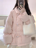 Women Fall Winter Korean Sweet Parka Jacket Retro Horn Button Regular Fit Basic Simple Casual Chic Pockets Halloween Christmas