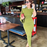 One Shoulder Long Sleeve Dress Solid Color Green Fashion Party Dress For Women Tight High Waist Elegant Summer Dresses New
