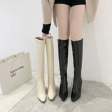 Pbong  Knee-high Square-toe Booties Women's Outerwear Autumn Winter Fashion Casual Motorcycle Boots High Heel Zipper Back Design