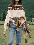 Pbong  Boho Vintage Chic Knitted Cloaks Capes Women Autumn Winter Warm Stripped Poncho Capes Tassels Cloak Poncho Outwear