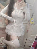 Sweet Kawaii Skirts Women Lolita Coquette Lace Bow Patchwork Mini Skirt White High Waist Cute Summer A-line Short Skirt