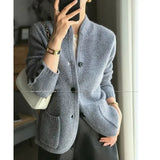 Autumn Winter New Thickened 100% Cashmere Wool Cardigan Women Stand Neck Sweater Sweater Loose Knit Base Wool Sweater Jacket