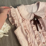 Pbong  Japanese Sweet Summer Dress Women Lace Patchwork Pink Tiered Cake Dress Lolita Inspired Cute Bow Tie Peter Pan Collar Vestidos