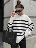 Women Stripe Knit Sweater Long Sleeve O Neck Knitted Pullover Tops Female Jumper Autumn Winter Streetwear White Casual Sweaters