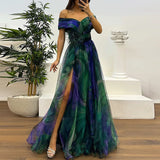 Casual Pleats Women's Long Dresses New Summer Mesh Printed Lady Evening Dress Fashion Strapless Slim Fit Split Party Dress
