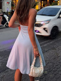 Pbong  Vacation Pink Backless Mini Dress Female Plunge Neck Sleeveless Slimming Asymmetrical Hem for Urban Street Style