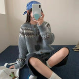 Fair Isle Sweater Cardigan Women Long Sleeve Button-Up Crewneck Knitted Jacket Cardi Female Knitwear Fall Winter Vintage Outfit