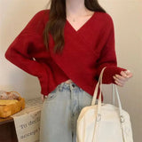 Pbong  New Autumn And Winter Fashion Solid Color Retro Cross V-neck Sweater Temperament Short Irregular Women's Knitted Top