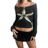 Women's Knit Tops Off Shoulder Slim Sweater Graphic Print Long Sleeve Knitwear Spring Fall Y2K Aesthetic Streetwear