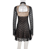 Pbong  Elegant Fashion Sexy Lace A-Line Dress See Through Dark Bandage Backless Square Collar Long Sleeve Mini Dresses For Women