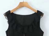 Pbong  Sexy Black Spliced Lace Ruffles O neck Sleeveless Dress Women Tie Bow Sashes Back Single-breasted Buttons Tank Dresses Vestidos