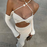 Sexy Knitted Sling Bikini Long Skirts Woman's Set Casual Slim Solid Lace Up Tube Tops Slit Skirt Sets Female Summer Beach Party