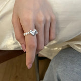 New Imitation Pearl Stretch Finger Rings for Women Girl Korean Fashion Sweet Heart Geometric Ring Jewelry Gift Party