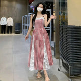 Pbong  Sweet Plaid Long Dress Beach Style Women Elegant Lace Patchwork Korean Dress Fashion Slim Design Female Sexy Camis Vestidos