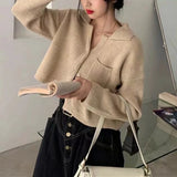 Women Crop Cardigan Collared Front Pocket Long Sleeve Button Down Sweater Jacket Cardi Female Autumn Winter Casual Chic