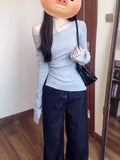 Pbong  Fleece Warm Off shoulder Long sleeve T shirt Women One shoulder Fitted Basic Plain Tee Shirt Lady Split Casual Top Autumn Winter