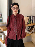 Slim Vintage Striped Tie Shirt Women Fall Long Sleeve American Preppy Style Blouse Casual Female Turn Town Collar Retro Tops New