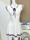Lapel Lace-up Knit Short Dress New Fashion Casual A-line Mini Dress For Women Academic Style Pleat Summer Female Vestidos