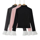 Pbong  Patchwork Flare Sleeve Woman T Shirts Turtleneck Tunic Bodycon Tees Chic Korean Y2k Tops Casual All Match Tshirt