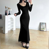 Black Slim Lace Spliced Knit Long Dress