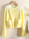 Gradient Yellow Sweet Cardigan Women Elegant Lazy Wind Long Sleeve Knitted Sweaters Vintage Design Female Fall Pockets Tops New