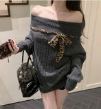 Sexy Off Shoulder Y2K Sweater Women Vintage Leopard Lace Up Knitted Jumper Casual Lazy Wind Long Sleeve Slash Neck Pullover
