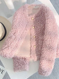 Sweet Pink Faux Lamb Coat Women Cute Slim Long Sleeve Vintage Jacket Winter Warm O Neck Elegant Korean Female Casual Tops