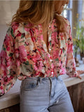 Pbong  Fashion Street Ruffle Top Retro Printed Round Neck Shirt Spring and Autumn Casual Loose Women's Shirt