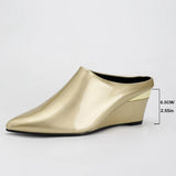 Pbong  New Designer Wedge Sandals Woman Luxury Patent Pointed Toe Heeled Slippers High Quality Mules Shoes Big Size 43