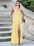 Slit Backless Ribbon Dress Women's Elegant Strapless Bodycon Maxi Dress Female Sexy Solid Vacation Party Dress Summer New