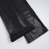 Pbong  Basic Solid Pu Leather Flare Pants Casual Slim Folds Low-Waisted Wide Leg Pants Women Autumn Spring Streetwear Office Lady