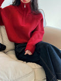 Women's Loose Knitted Pullovers Half Zipper Autumn and Winter Turtleneck Sweaters Casual Comfortable Full Sleeve Top