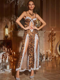 Leopard Print Beach Sexy Maxi Dress Women Gown Summer Patchwork Hollow Out Off-shoulder Split Club Long Dress Elegant