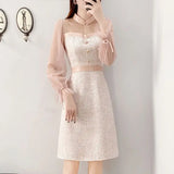 Pbong  Sweet Elegant Spring Autumn Dresses New Women's Bow Button Patchwork Korean Fashion Chic Long Sleeve Slim Mid-lengt A-line Dress