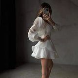 Pbong  New Women's Long Sve V-Ne A-Line Dr Casual Pure Color Waist-Cinching Design ort Skirt Polyester Fabric Wedding Dr