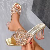 Pbong  Shiny Sequins High Heel Slippers for Women Summer Fashion Square Toe Transparent Heeled Sandals Woman Gold Silver Glitter Slides