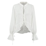 Pbong  White Bandage See Through Blouses Women Clothing Flare Sleeve Vintage Ruffled Shirts  Loose Fashion Top