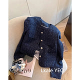 Women's Short Jacket 2025 Spring Autumn Navy Blue Fashion Lady Outerwear Temperament Long Sleeve Ladies Small Fragrant Coat