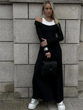 Fashion Fake Two Piece Shoulder Off Long Dress Modal Soft Vintage Slash Neck Slim Women Dress 2025 New Winter Fall Female Cloth