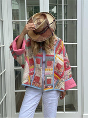 Pink Vintage Print Patchwork Cotton Coats For Woman Casual Loose Long Sleeve Short Jackets Autumn Female High Street Outerwear