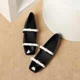 Pbong  PU Leather Bow Tie Shoes Women Black Flats Mary Janes Shoes Ladies Elegant Square Toe Spring Autumn Silver Loafers New