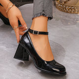 Pbong  Ankle Strap Chunky Heel Mary Janes Pumps Women Fashion Black Patent Leather Dress Shoes Woman Elegant Round Toe High Heels Pumps