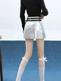 Pbong  Streetwear Sexy Y2K Pu Skirts Women Fashion High Waist Double Belt Mini Skirt Casual Fall Winter American A Line Skirts New
