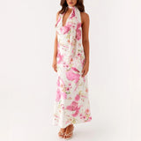 Floral Print V Neck Halter Maxi Dress with Scarf Sexy Women Bodycon Long Dresses Lady Formal Cocktail Party Backless Sundress