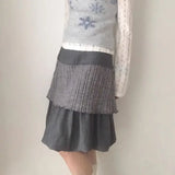 Gray Vintage Patchwork Knitted Skirts Y2k Grunge High Waist A-line Skirt for Women Spring Autumn New Ruched Faldas Mujer