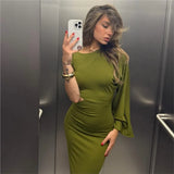 One Shoulder Long Sleeve Dress Solid Color Green Fashion Party Dress For Women Tight High Waist Elegant Summer Dresses New